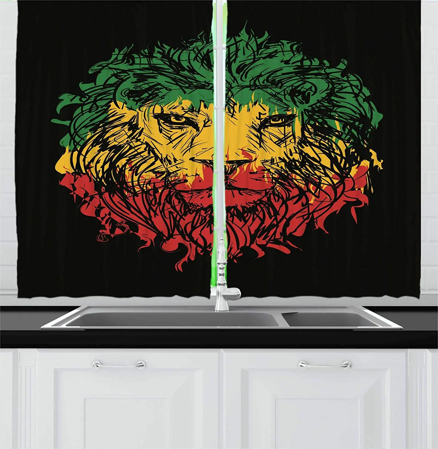 

Rasta Curtains Ethiopian Flag Colors on Grunge Sketchy Lion Head with Black Backdrop Window Drapes for Living Room Bedroom