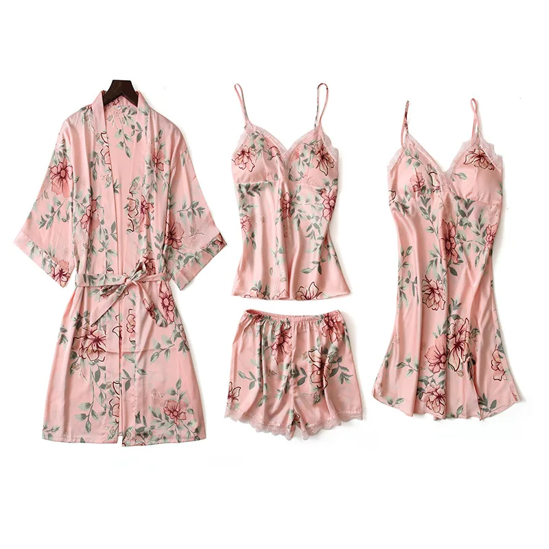 

4 Piece Pajamas for Women Printed Floral Pajama Bathrobe Sets Ladies Sexy Lingerie Pink Sleepwear Womens Clothing Bridesmaid