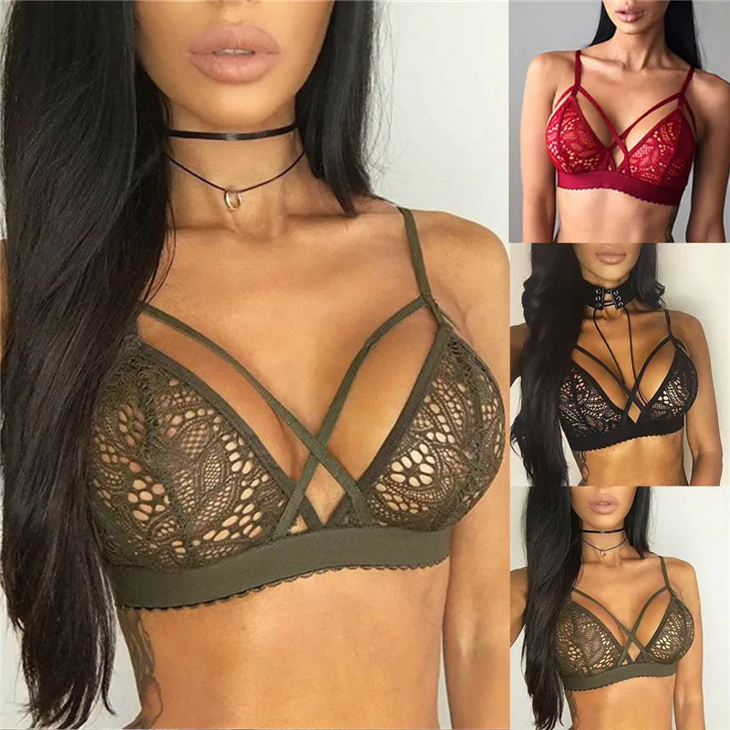 

Fashion Cute Women Floral Lace Sexy Perspective Triangle Bralette Bra Bustier Crop Top Unnpadded Mesh Wire Free Black Red Green