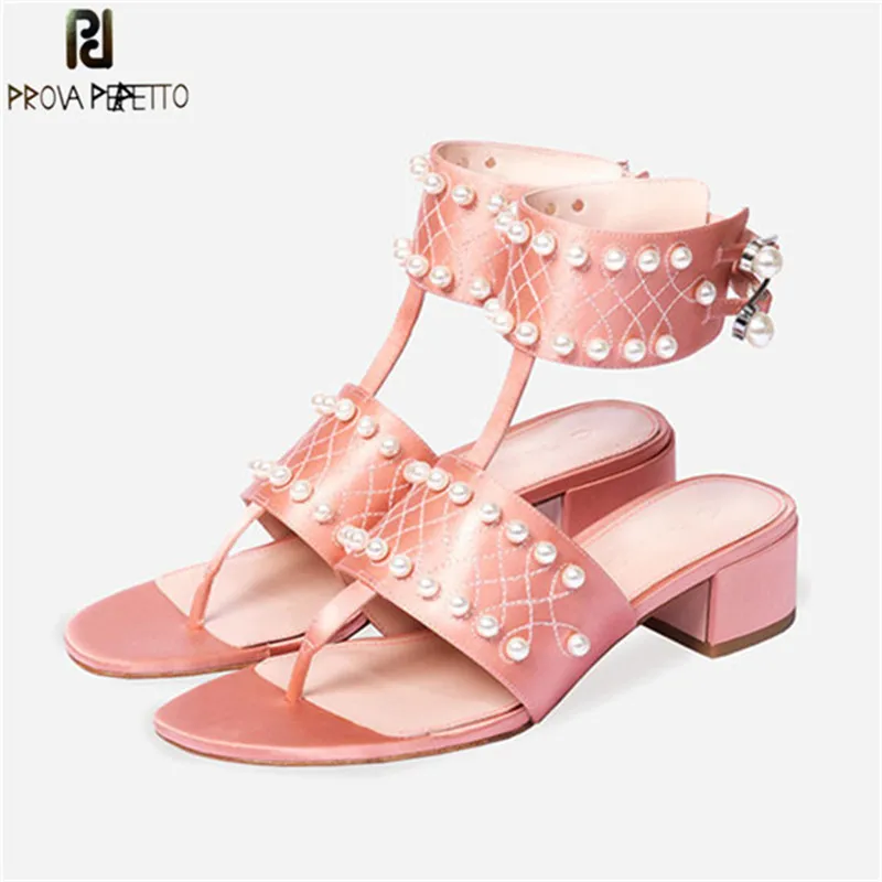 Prova Perfetto Summer New Style Flip Flops Sandals Women Silk Pearl Buckle Gladiators Sandals Woman Mid Heel Sandals Party Shoes Prova Perfetto Summer New Style Flip Flops Sandals Women Silk Pearl Buckle Gladiators Sandals Woman Mid Heel Sandals Party Shoes