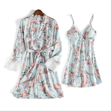 Розовая и черная шелковая атласная ночная рубашка с цветочным рисунком, комплект женских халатов, летнее платье для сна+ халат, одежда для сна, сексуальная ночная рубашка, домашняя одежда 920