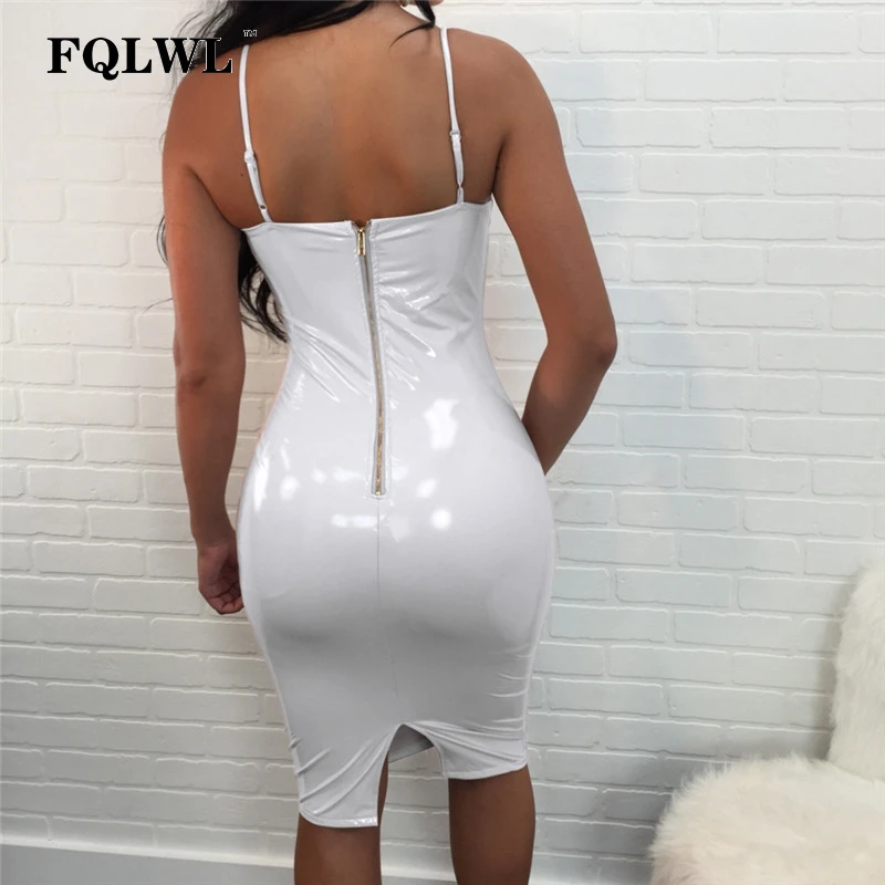 FQLWL платье из искусственной кожи женское летнее платье ПВХ Красный Белый Спагетти ремень спинки миди платье сексуальные женские вечерние Клубные платья