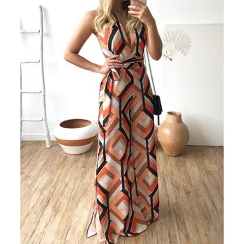 

Women V Neck Geometric Printed Wide Leg Jumpsuit Sexy Belt Sleeveless Party Long Jumpsuit Summer Beach Maxi Overalls