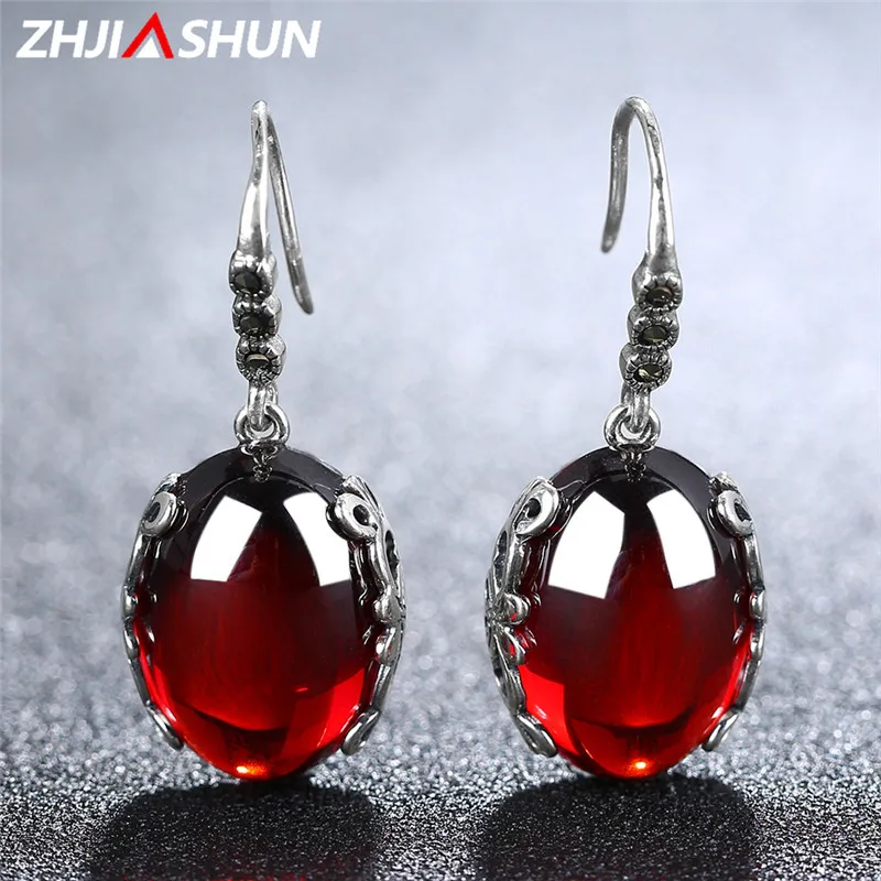 

ZHJIASHUN Natural Chalcedony Garnet 925 Silver Earrings for Women Vintage Red Yellow Precious Stones Drop Earrings Best Gift