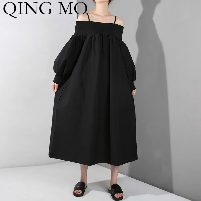 QING MO женское платье с вырезом лодочкой и рукавами-фонариками черное белое