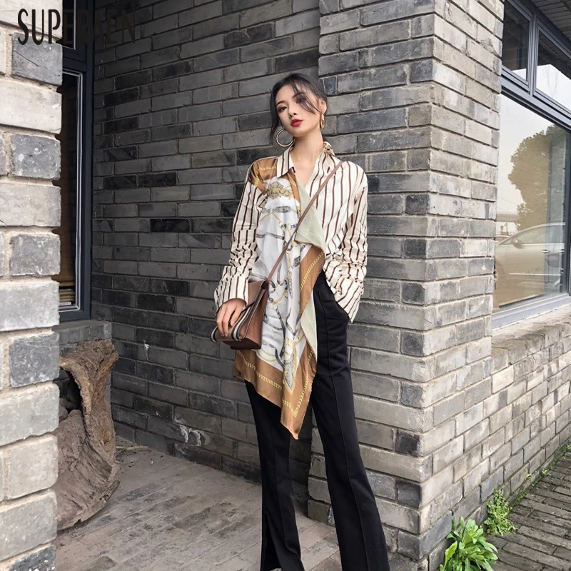 

SuperAen 2019 Spring and Summer New Women Shirt Wild Fashion Casual Striped Blouses and Tops Female Long-sleeved Women Clothing