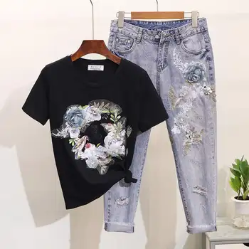 

new fashion Women Embroidery 3D Flowers T Shirts+Jeans Suit Summer Casual Short Sleeve Tops & Denim Pant 2PCS Clothing Suits