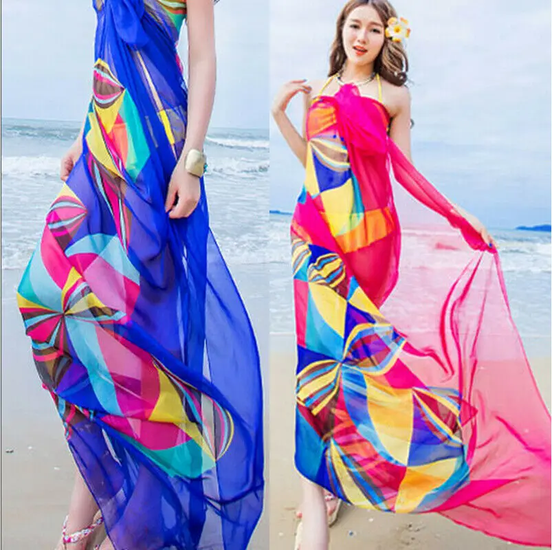 swimsuit cover beach cover Women Flower Print Chiffon Bikini Cover Up Beach Swimwear Dress Scarf Pareo Sarong Wrap