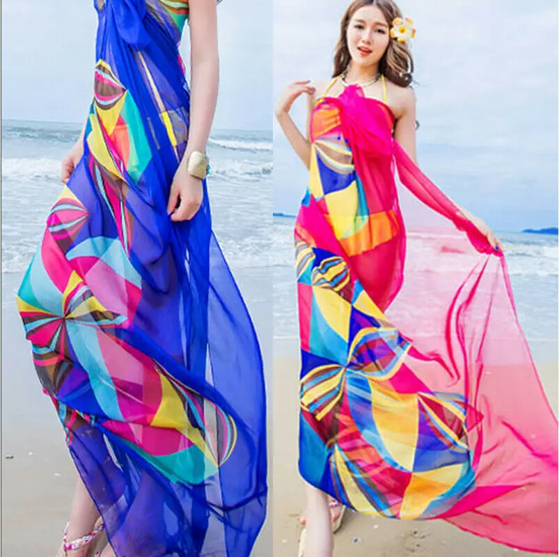 Women Cover-Ups Hot Sale Flower Print Women Sexy Chiffon Bikini Cover Up Beach Swimwear Dress Scarf Pareo Sarong Wrap