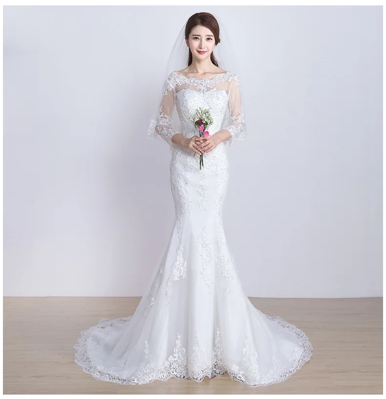 

Sexy Mermaid vestido de noiva Elegant Wedding Dress with Sweep Train Full Delicacy Lace up one boat with Appliques and Sequined