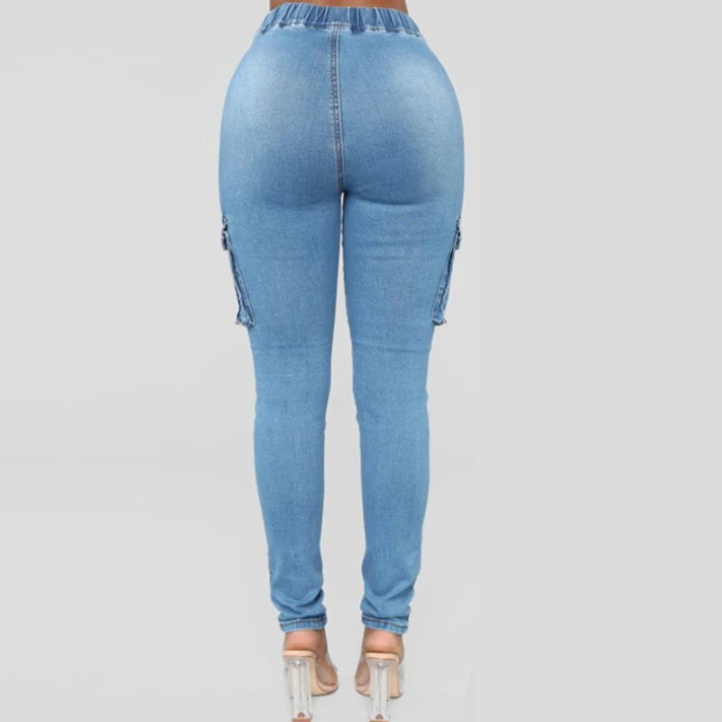 Женские джинсы с высокой талией размера плюс, джинсы скинни, женские модные джинсы с карманами для мам, одноцветные повседневные джинсы Feamle