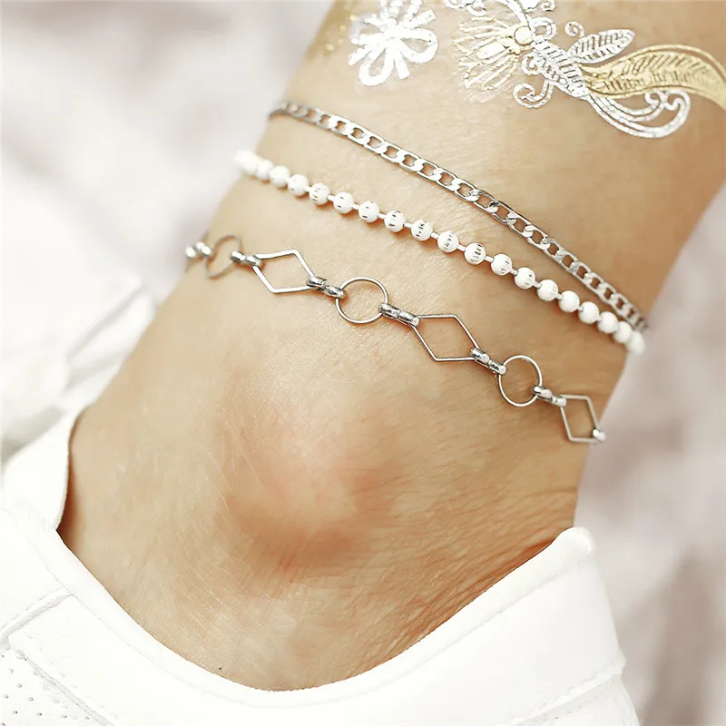 Boho полые геометрические многослойный ножные браслеты с цепочкой для женщин винтажные серебряные золотые цвета босиком DIY набор браслет на украшения для ног