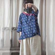 Женский хлопок и лен с принтом топы женские винтажные Ретро футболки с принтом Футболки женские хлопковые льняная рубашка 208 лето