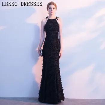 

Halter Black Prom Dresses Mermaid Gala Jurken Satin Feather Vestido De Festa Sleeveless Prom Dress Long Women Evening Dress
