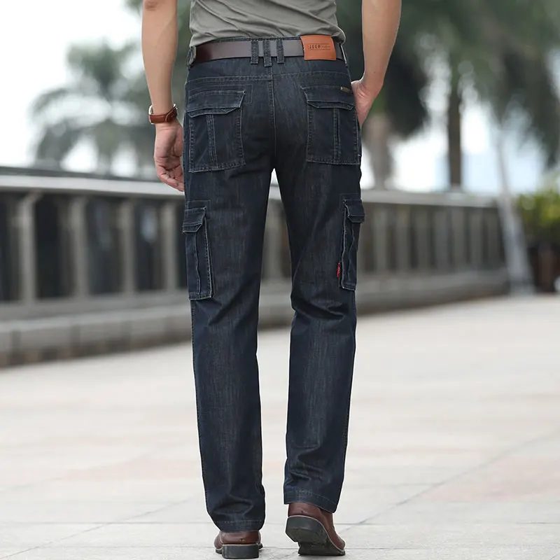 Summer JEEP Brand Cotton Cargo Jeans Elastic Men's Casual Full Length Retro Jeans Multi Pockets Cotton Pants Fashion Trousers 44 (46)