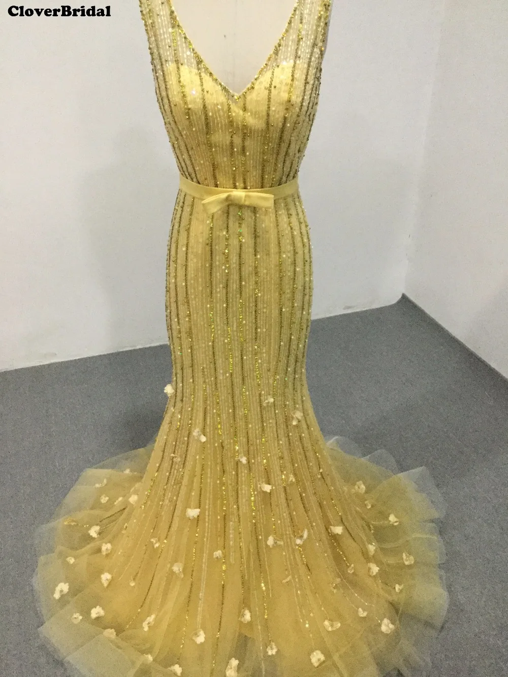 Image CloverBridal best quality V neck and back trumpet yellow pearls tube beading sequins glitter prom dresses 2017 luxury for women