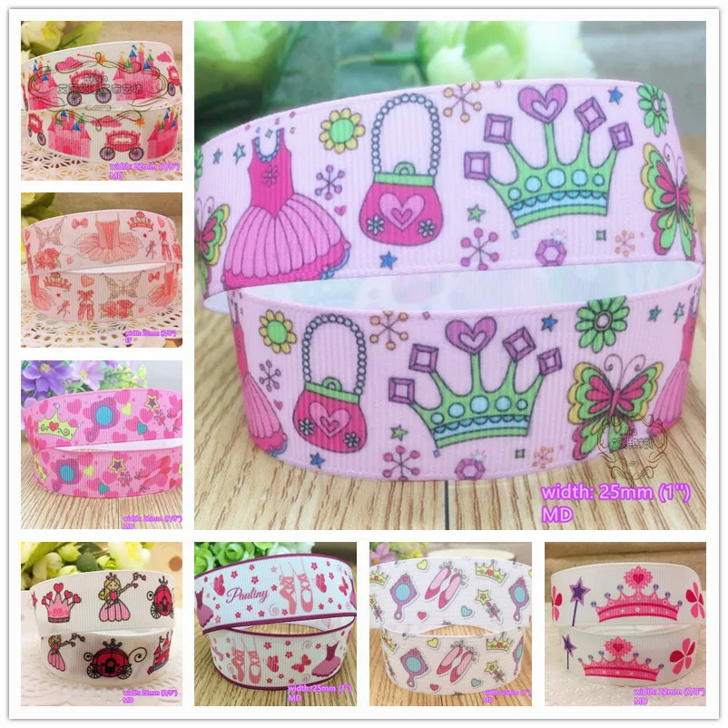 

24 styles to select 10 yards Princess Dress Crown printed Grosgrain Ribbons Quality Tapes hairbow gift pack clothing Bowknot