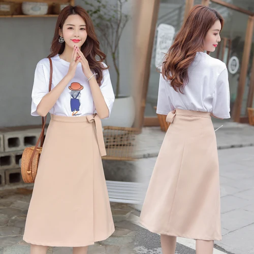 

2019 Summer New Print Chic Bow 2 Pcs Set Korean Fashion Brief Twinset A-line High Waist Casual Loose Damen Zweiteiler