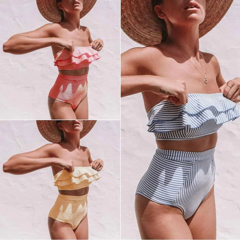 2019 High Quality Ruffles Waist Stripe Print Tube Top Swimwear Sexy Bikini Women |