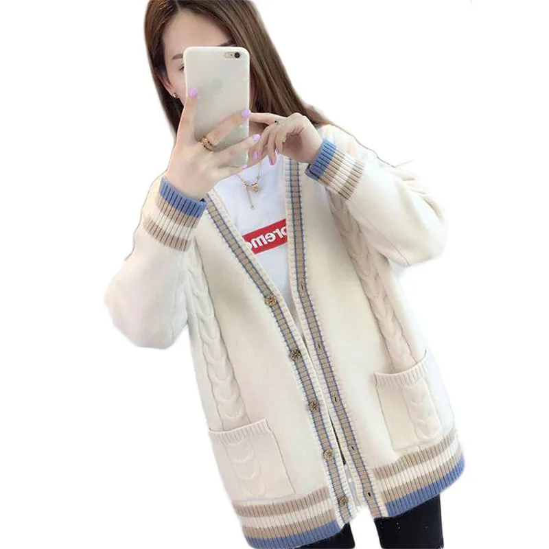 

2019 Spring Autumn Female Stripe Sweater Cardigan Women Oversize Knit Tops Single Breasted Warm Loose Korean Knitted Coats A16