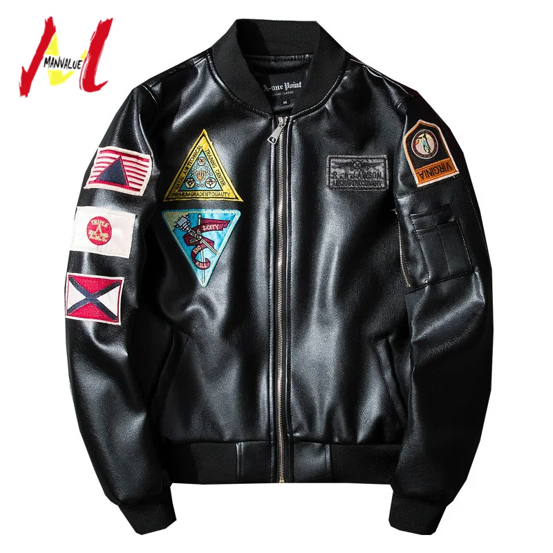 MANVALUE Cross-border Dedicated Locomotive Men's Air Force MA1 Pilot Patch Work Suits Tide PU Leather Jackets | Мужская одежда