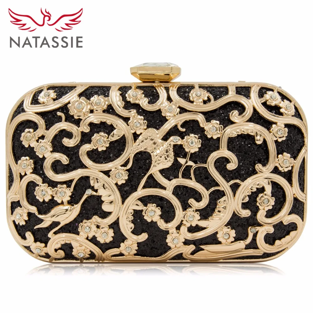 Natassie New Design Women Clutches Metal Gold Flower Pattern Hard Case