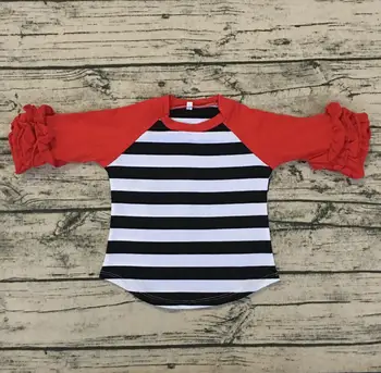 

smocked children clothing wholesale 3/4 sleeves Baby Girl ruffle shirt red white stripe children toddler icing raglan tshirts