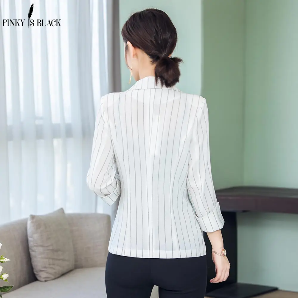 PinkyIsBlack Casual Blazers Spring Striped Slim Fit Women Formal Jackets Office Work Single Button Notched Ladies Blazer Coat