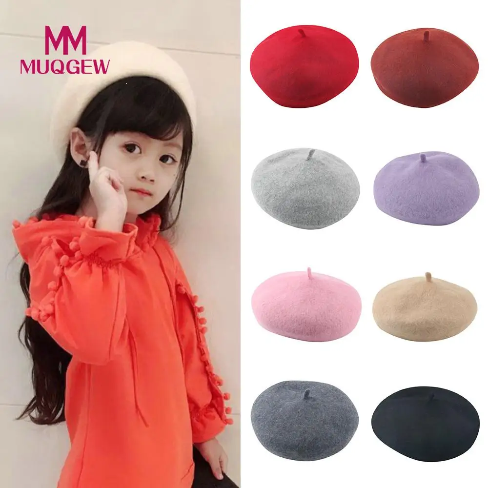 Toddler Kid Girls Baby Infant Winter Beret Solid Hat Beanie British Painter Cap Beanie Pom Pom