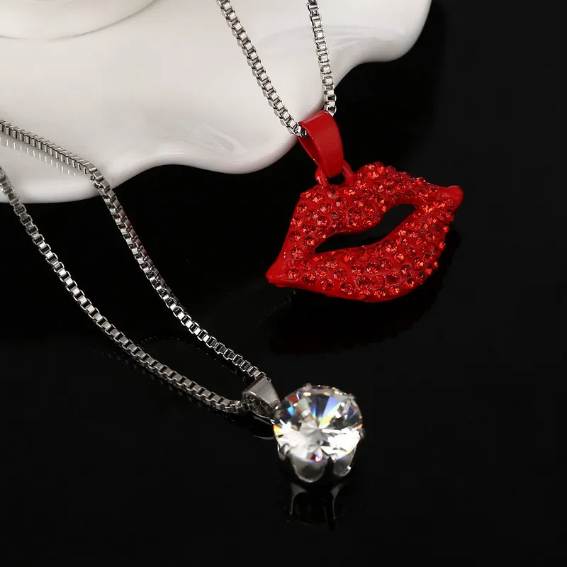 Сексуальные Стразы, ожерелье с красными губами, серебро, две цепочки несколько слоев, ожерелье, лучший подарок для любимой