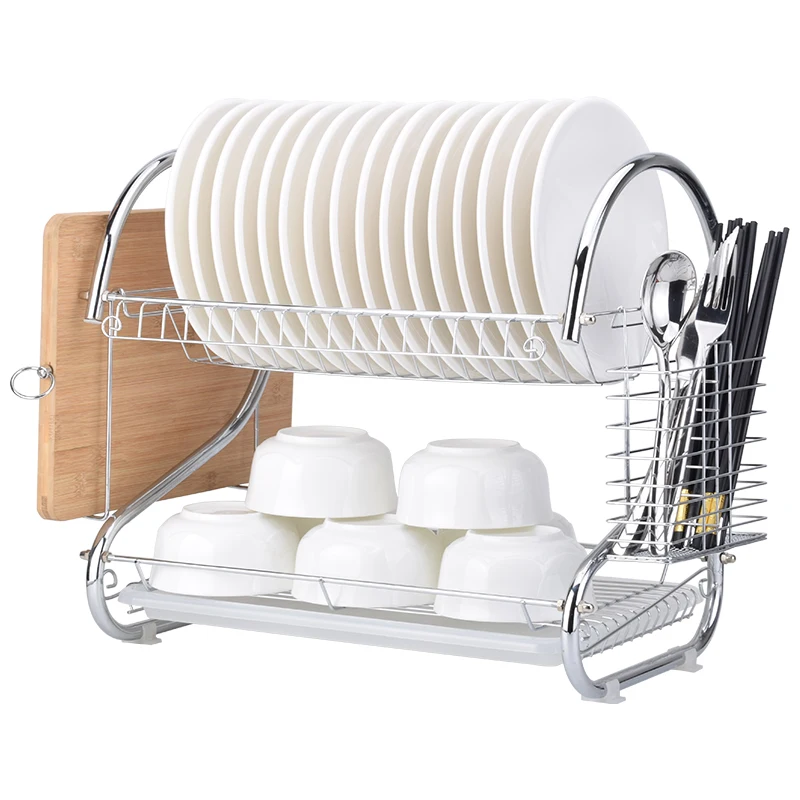 

Two layer S-Shaped Dish Rack Set Chrome Stainless Plate Dish Cutlery Cup Rack With Tray Steel Drain Bowl Rack Kitchen Shelf