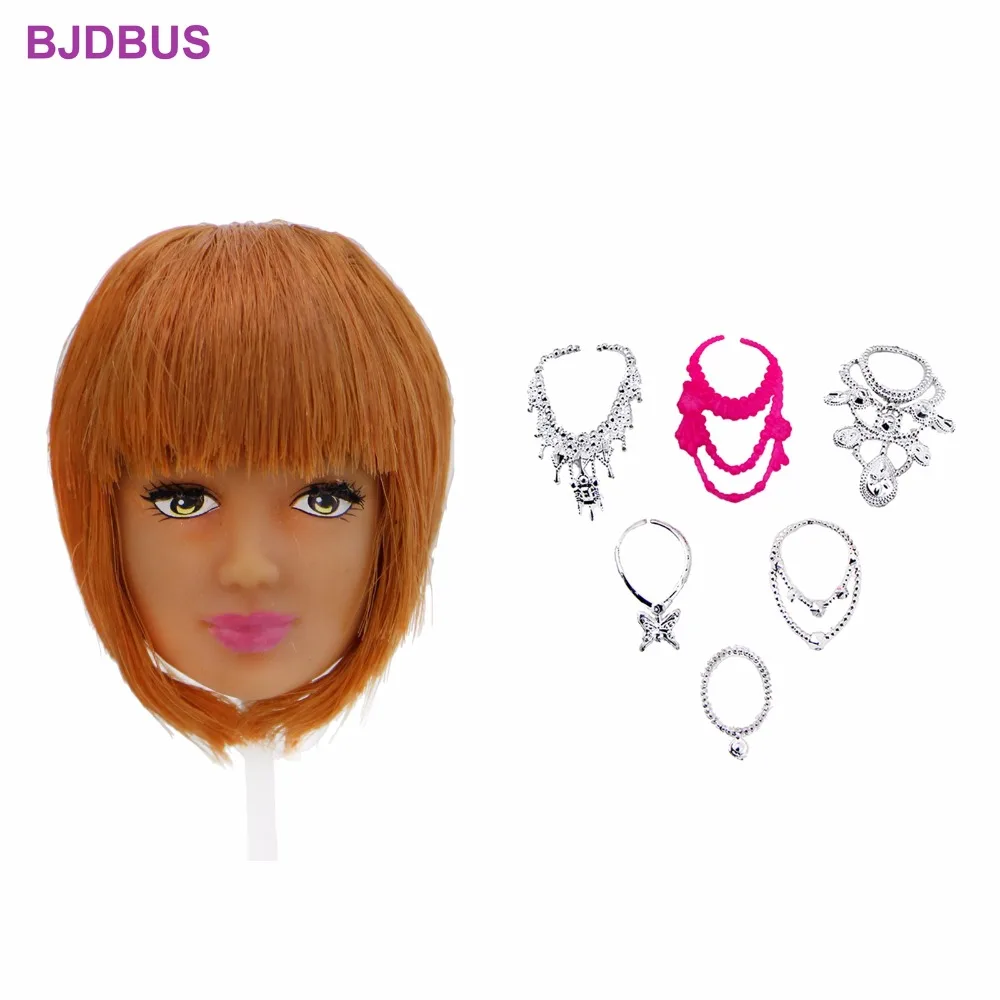 

7 Pcs = 1x Fashion Cool Doll Head Short Haircut Pink Lip + Random 6x Chain Necklaces Accessories For 12" 1/6 Doll Kids Toy Gifts