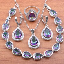 Капли воды Радужный Кубический Цирконий 925 серебряные ювелирные наборы вечерние ювелирные изделия для женщин серьги/ожерелье/браслет/кольцо набор JS0103