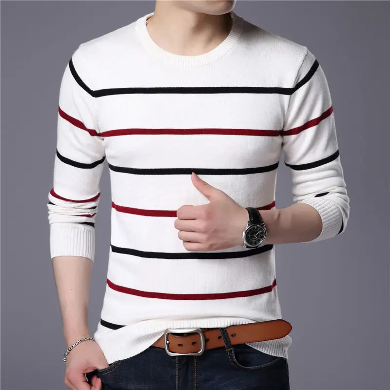 Мужской пуловер, брендовая одежда, осень-зима, шерстяной приталенный свитер, мужской повседневный Полосатый пуловер, Мужская одежда, черный, белый, красный