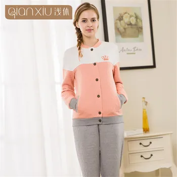 

Women Pajamas Sets winter Pyjamas Women Long sleeve Sleepwear Suit Color matching cardigan Pijamas Mujer wram home clothing 2017