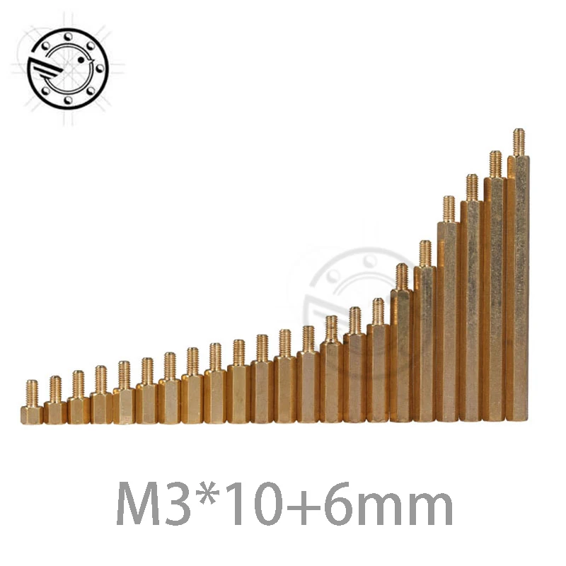 50pcs M3 Male 6mm x M3 Female 10mm Brass Standoff Spacer M3 10+6 Copper Hexagonal Stud Spacer Hollow Pillars m3*10+6mm 50pcs lot m3 l 4mm 50mm brass standoff spacer female female m3 l brass threaded spacer hex spacer bssffnnp m3