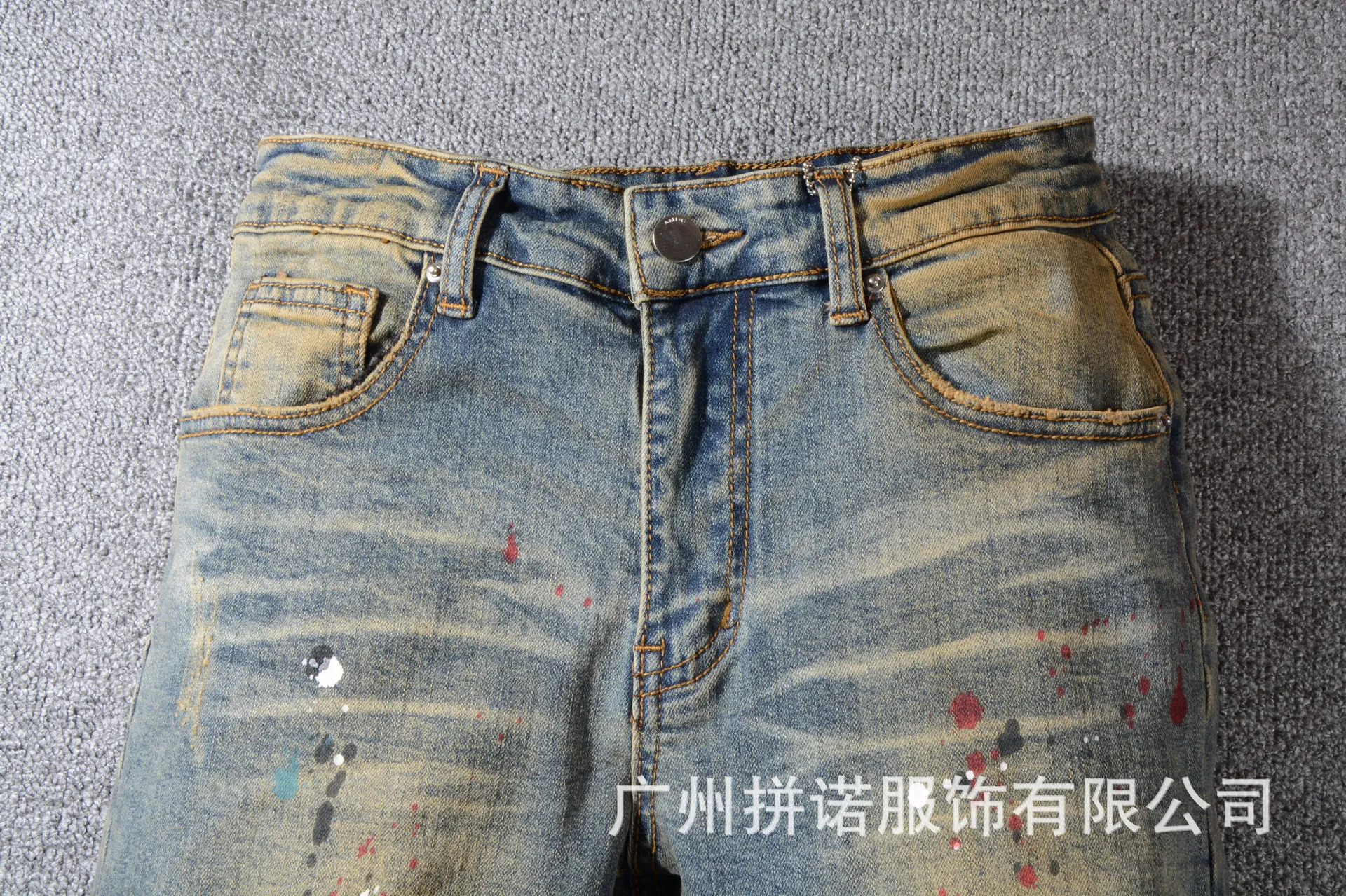 Men's Pleated Colorblock Jeans Youth Slim Pants AMI Brand Straight Fit Distressed Ripped Jeans for Men