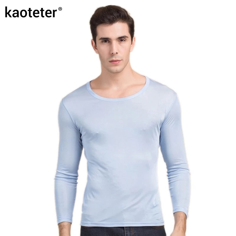 

100% Real Silk Men T-shirts Autumn Winter Full Long Sleeve Round Neck Man Wild Black White Color Male Bottoming Tee Shirts Tops