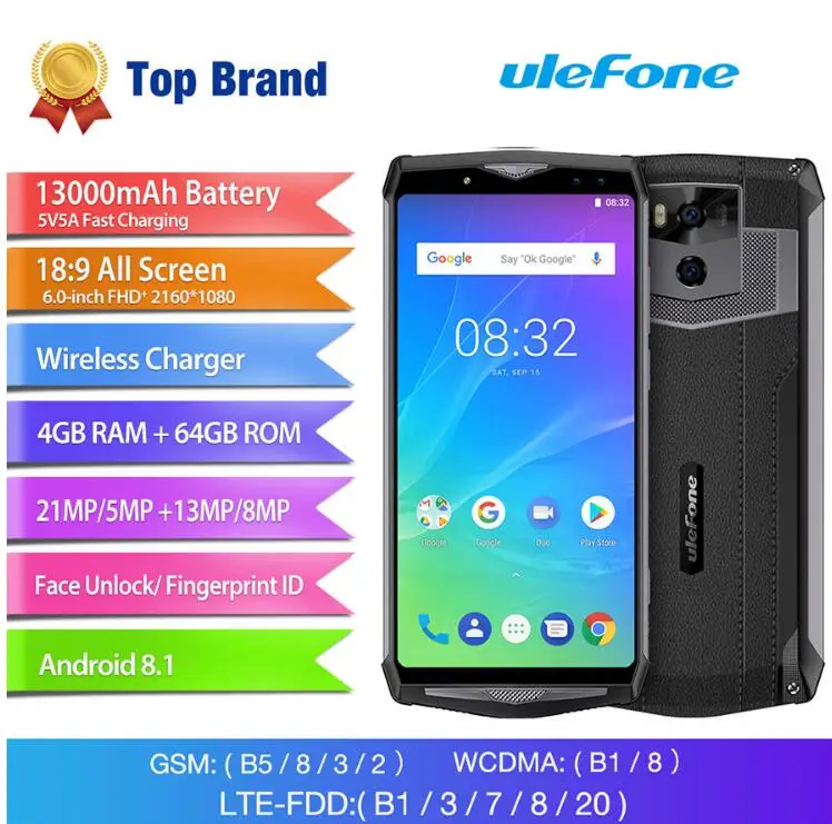 Ulefone Мощность 5S 6 0 &quotFHD 13000 mAh 5 V/5A Quick Charge MTK6763 Восьмиядерный P23 4 GB + 64 Android 8 1 21MP