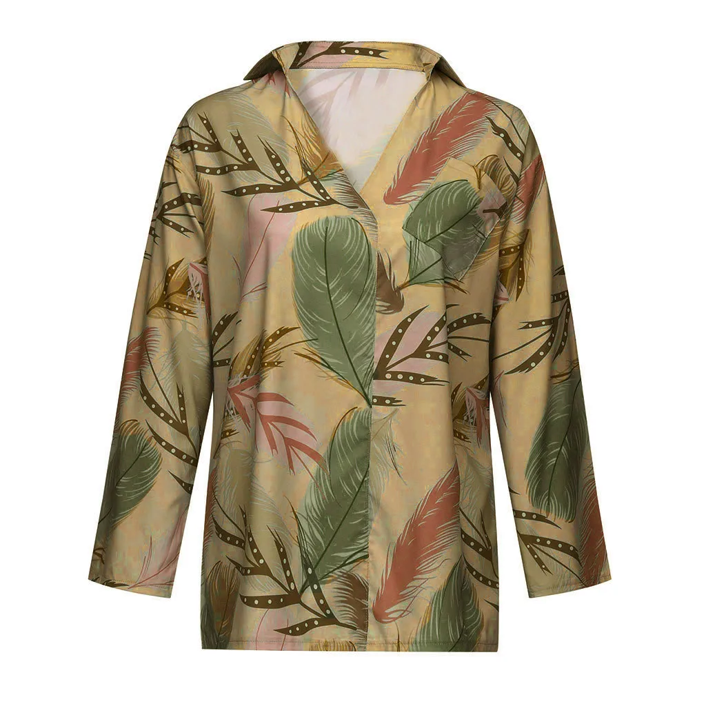 Feitong, женская блузка, свободная, v-образный вырез, листья, принт, карманы, длинный рукав, льняная рубашка, топ, блузка, сорочка, женская блузка, женская рубашка - Цвет: Khaki