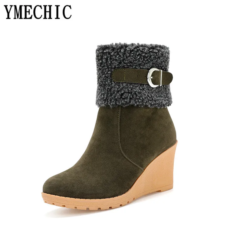 YMECHIC/коричневые ботинки на высоком каблуке в армейском, зеленом и черном цвете; г.; женская обувь с пряжкой на искусственном меху; Зимние ботильоны; большие размеры - Цвет: Армейский зеленый