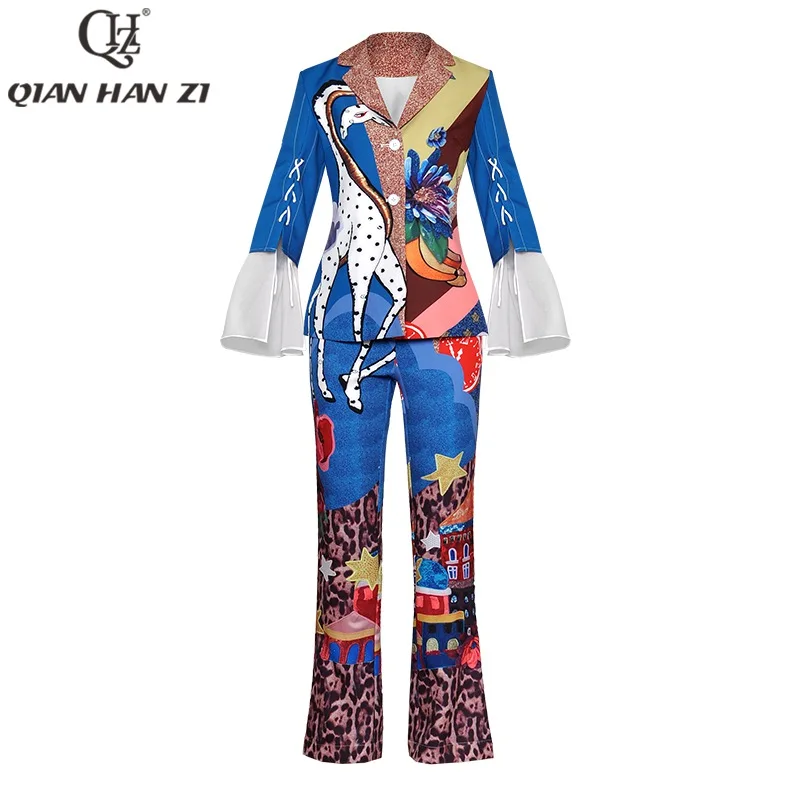 Цянь Хан Цзы новейший Дизайнерский Модный подиумный костюм набор Женская куртка с длинным рукавом/пальто и винтажные штаны с принтом комплект из 2 предметов