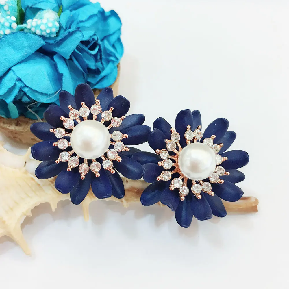 Viennois Rhinestone Dark Blue Color Flower Stud Earrings For women Simulated Pearl Sweet Earrings