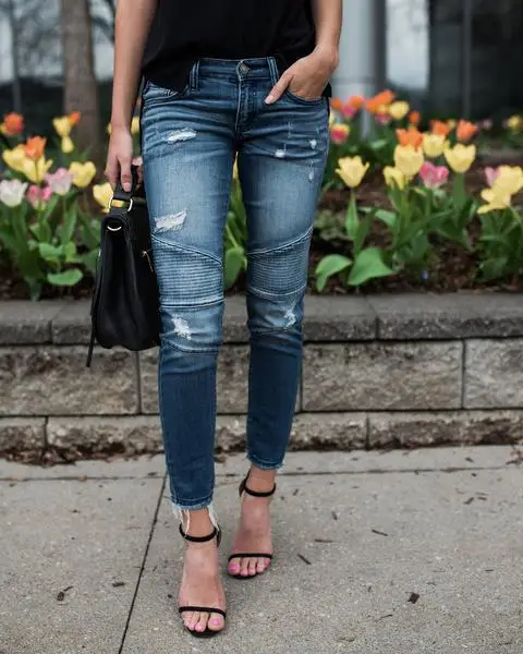 Новые черные ботинки в байкерском и дырявые джинсы Для женщин Средний Высокая талия стрейч джинсовые узкие штаны Motor Jeans для Для женщин