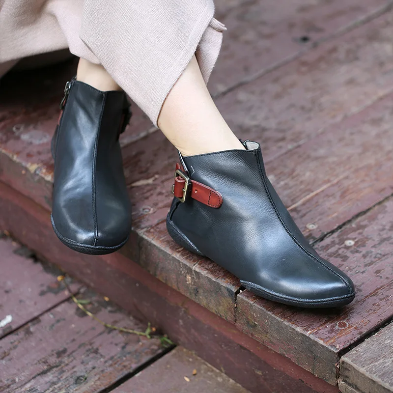 

Plus size 42 women boots flat bottom belt buckle leather ankle boots soft bottom casual shoes velvet winter ladies boots