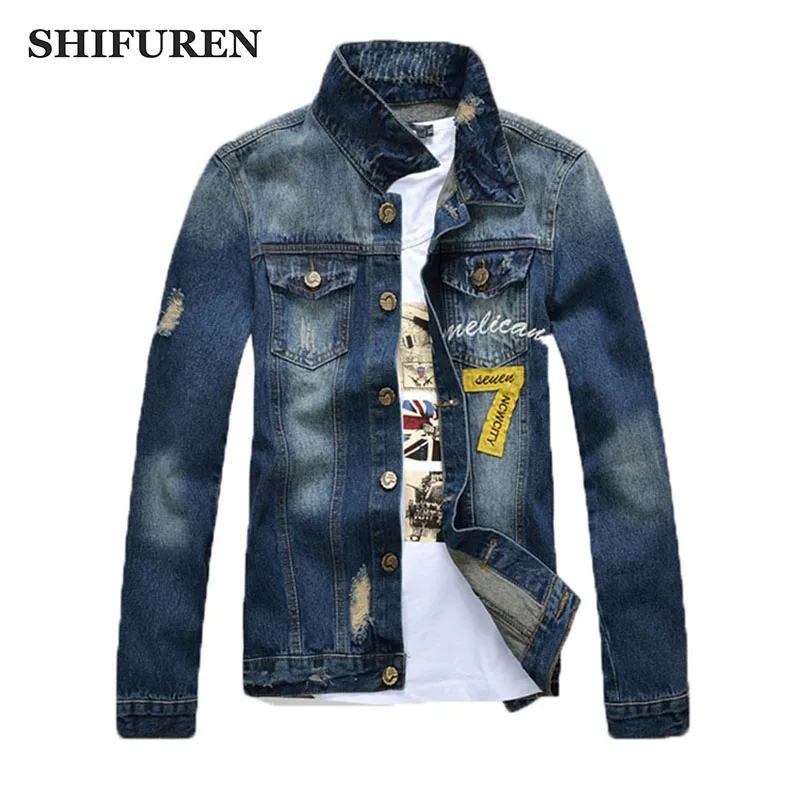 Мужские рваные джинсовые куртки SHIFUREN модные ковбойские с заплатками однобортная