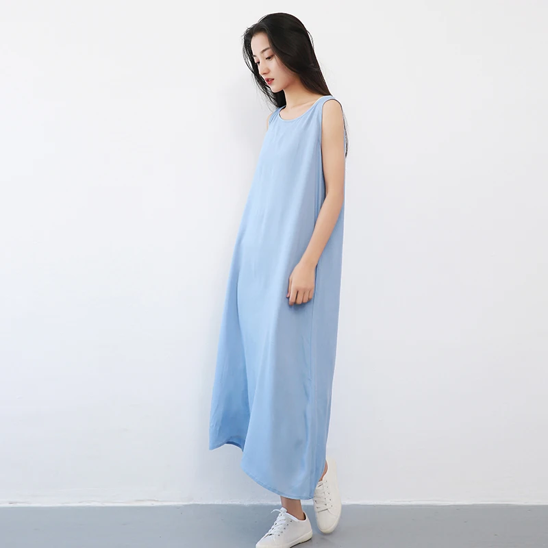 

Johnature Tanks Dress For Women Summer Cloths 2019 New O-Neck Sleeveless Solid Color Casual Dress Cotton Soft Women Dress