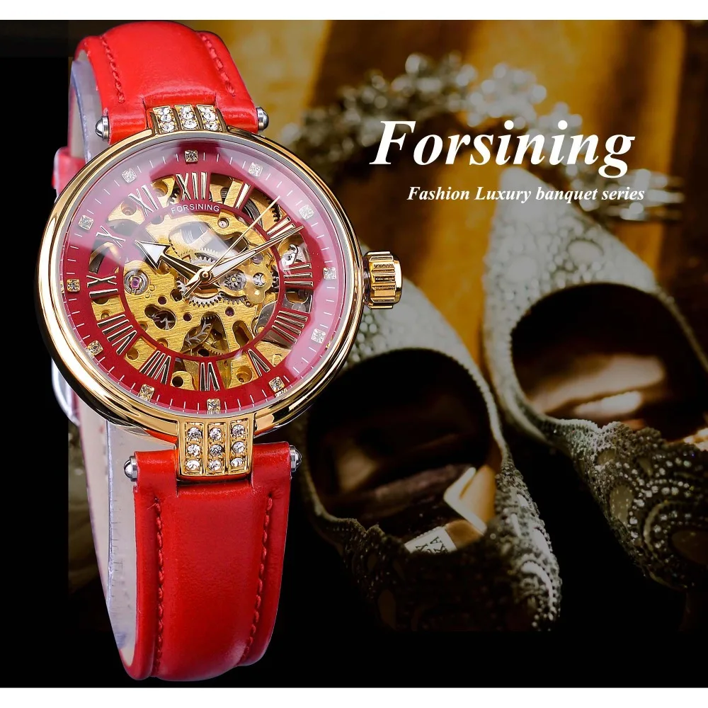 Beste Forsining 2019 Golden Skeleton Diamond Ontwerp Rood Lederen Band Waterdicht Lady Mechanische Horloges Topmerk Luxe Klok