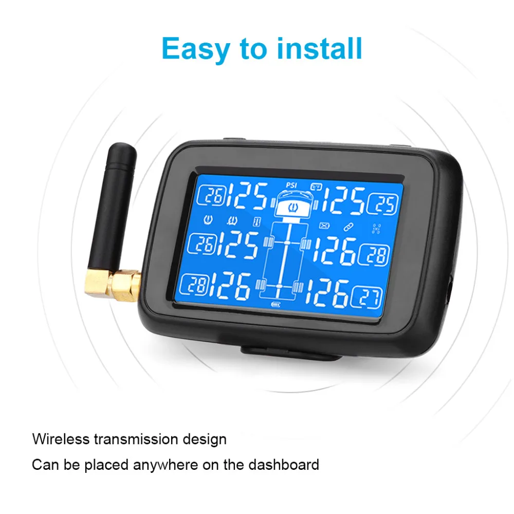 CAREUD U901 Auto Truck TPMS Car Wireless Tire Pressure Monitoring System with 6 External Sensors Replaceable Battery LCD Display