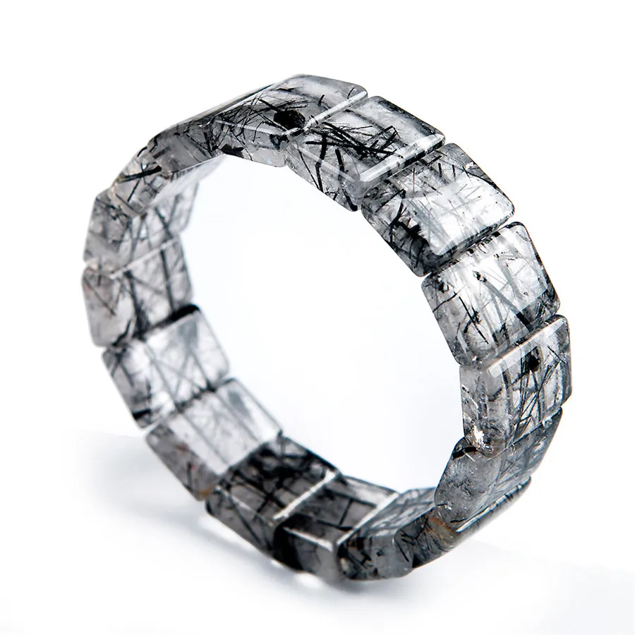 

Natural Black Hair Needle Rutilated Quartz Crystal Charm Rectangle Beads Bracelet 18*7mm